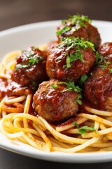 Close-up of Spaghetti and Meatballs with Tomato Sauce and Parsley Garnish in White Bowl Italian Cuisine
