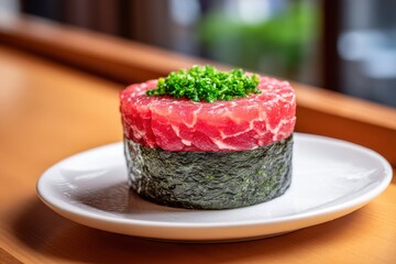 Close up of Tuna Tartare Appetizer with Seaweed and Green Topping on White Plate in Restaurant