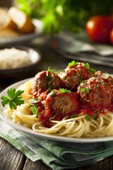 Spaghetti and Meatballs Close Up Delicious Italian American Cuisine Meal Homemade Comfort Food Dinner Tabletop