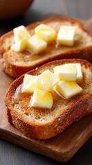 Toast with Butter and Honey on Wooden Board Close Up Food Photography Delicious Breakfast Sweet Treat Golden Brown Top View Studio Shot