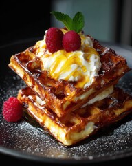 Close-up of Waffles Stacked with Cream Raspberries and Syrup Drizzled on Top on a Dark Plate Delicious Dessert Food Photography