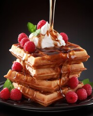 Pouring maple syrup onto stack of waffles with whipped cream and raspberries studio shot on black