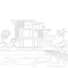 Modern architectural sketch of a luxury home with pool and landscaping