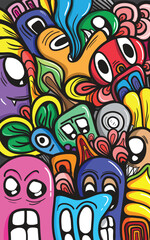 Obraz premium Hand-drawn illustrations, monsters doodle, Hand drawn cartoon monster illustration, Cartoon crowd doodle hand-drawn pattern, Doodle style. colorful doodle.
