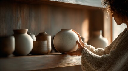 Woman arranging ceramic pottery vases in a cozy home
