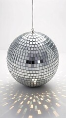 Fototapeta premium Silver Disco Ball Shining Light Reflections On White Background New Year Party Celebration