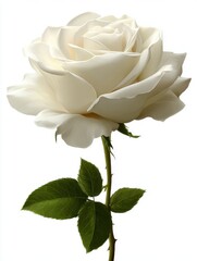 Elegant single white rose on white background studio shot with leaves and stem romantic floral bloom