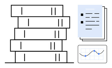 Fototapeta premium Stack of books, document stack with bullet points, and a line graph with data points. Ideal for education, research, analytics, learning, progress tracking, academic success productivity and simple