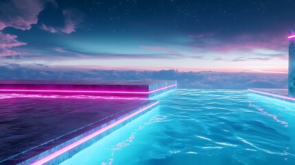 Stunning futuristic poolscape with neon lights above clouds, a serene escape for relaxation and inspiration under a starry sky, perfect for travel ads