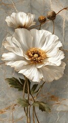 Elegant White Poppy Blooms Against Marble Background Artistic Floral Still Life Close Up Botanical Art Illustration