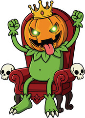 Halloween pumpkin king character, spooky throne illustration, cartoon monster artwork, fantasy royalty design, creepy crown figure, cad drawing flat vector illustration