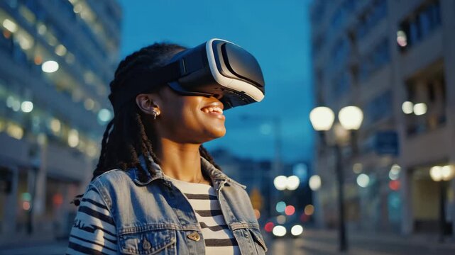 Young African American woman wearing virtual reality glasses in night city