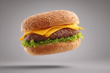 Delicious cheeseburger floating on gray background studio shot close up sesame bun beef patty cheddar lettuce