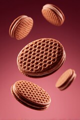 Floating Cream Filled Chocolate Cookies in Mid-Air on Pink Background Studio Shot Close Up Delicious Dessert