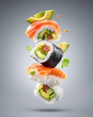 Sushi rolls stack floating in studio shot with salmon avocado rice nori and tuna on grey background