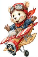Adorable Watercolor Hamster Pilot Flying Biplane Cartoon Illustration Cheerful Animal Adventure Aviation Theme for Children's Decor and Creative Projects