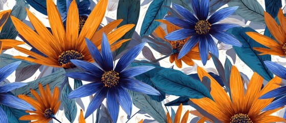 Floral Pattern Design Featuring Blue and Orange Flowers with Teal Leaves on White Background Illustration