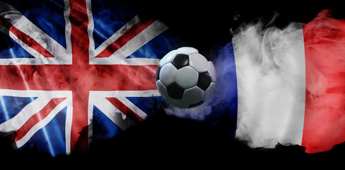 Creative collage. United Kingdom vs France football rivalry with smoke flags and central soccer ball. Concept of sport intensity, emotional unity, and cultural competition in Europe.