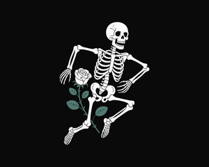 Dancing skeleton holding a delicate white rose, illustrating life and death