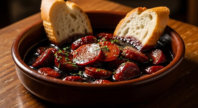 Sliced chorizo sausage in dark sauce with fresh bread slices in a rustic brown bowl on a wooden table