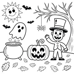 Cute halloween coloring page with pumpkin ghost and boy