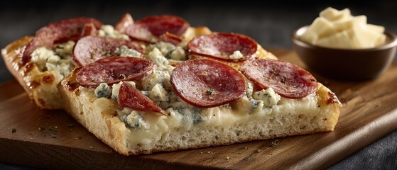 Close-up of Square Pizza Slice with Salami and Blue Cheese on Wooden Board, Studio Shot, Food Photography, Culinary Still Life