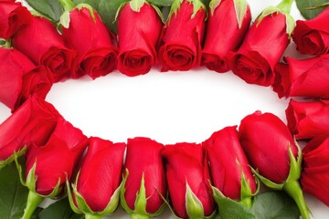 Red Roses Border Frame on White Background Overhead Close Up Still Life Valentine's Day Love Romance Anniversary Celebration