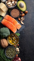 Overhead shot of healthy fats food selection featuring salmon avocado nuts seeds and supplements on dark background