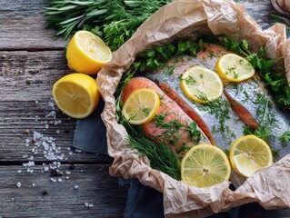 Fresh Salmon Preparation with Lemon and Herbs on Rustic Wood Table Overhead Still Life