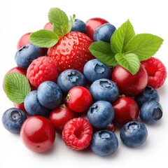 Assorted Fresh Berries Still Life on White Background Close-up Studio Shot Featuring Strawberry Blueberry Raspberry and Cherry