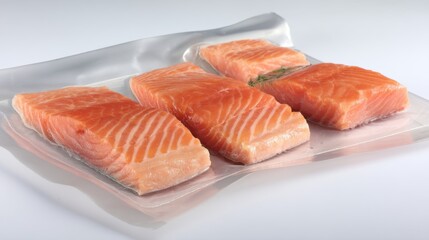 Salmon Fillets in Vacuum Sealed Package Close Up Studio Shot Fresh Fish Food Preparation Healthy Eating