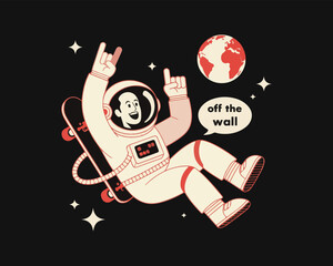 Cool astronaut with skateboard and rock hand sign floating in outer space