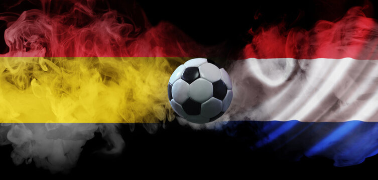 Collage of Germany vs Netherlands football rivalry with smoke flags and soccer ball. Concept of competitive spirit, teamwork energy, and European sports passion.