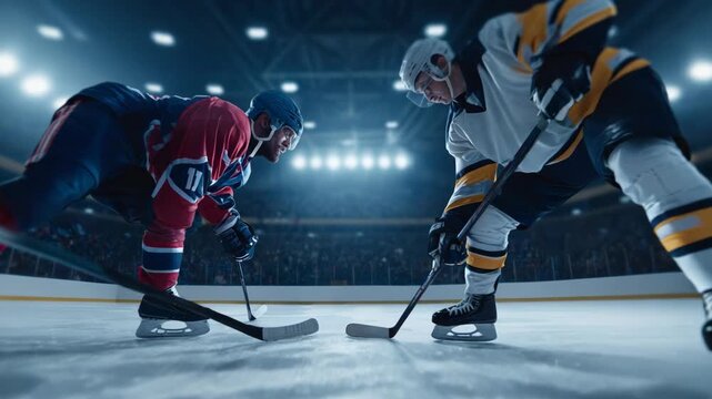 Ice hockey players face off during a professional game in a stadium