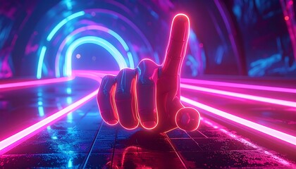 Glowing hand points up in a neon tunnel, pink and blue lights reflecting on the glossy floor