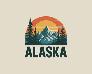 Vintage alaska landscape illustration featuring majestic mountains and sunset