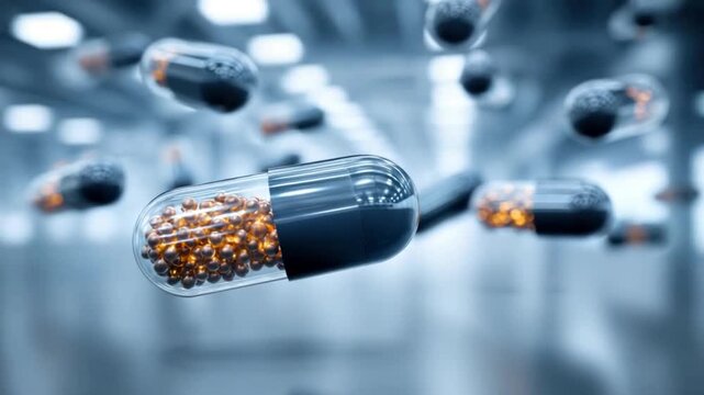 Several capsules with gold pellets inside are suspended against a blurry, blue-toned background
