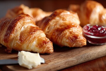 Close-up of Freshly Baked Croissants with Butter and Jam on Wooden Board; angled view, delicious breakfast pastry