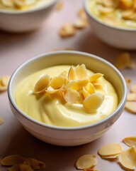 Close-up of Creamy Dessert Bowls Topped with Almonds in Natural Light Studio Setting Delicious Treat