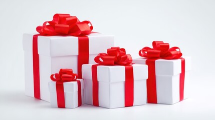 Fototapeta premium Elegant Group of White Gift Boxes Wrapped with Red Ribbon and Bows on White Background Studio Shot Holiday Concept
