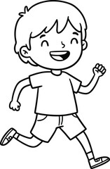 Happy child running, joyful kid in motion, playful childhood activity, smiling boy exercising outdoors, cad drawing flat vector illustration