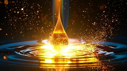 Golden liquid drop splashing into water with bright sparks - Powered by Adobe