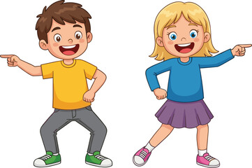 Happy children cartoon vector illustration, joyful kids character design, playful boy and girl artwork, fun childhood activity, cad drawing flat vector illustration