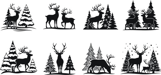 Deer silhouette in forest, pine trees, winter scene, wildlife vector, antlered deer, snow landscape, nature art, black illustration, seasonal design