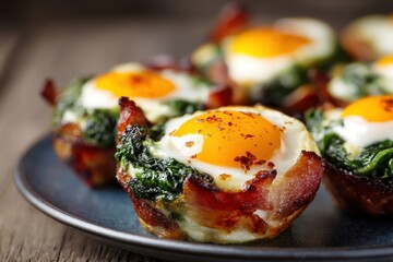 Close-up of bacon egg muffins on plate, breakfast food photography, healthy eating concept, rustic wooden table