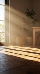 Interior Sunlight Streaming Through Window Creating Serene Atmosphere with Houseplant and Wooden Floorboards Warm Glow