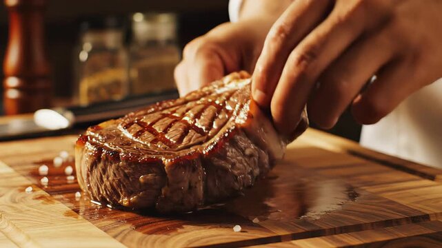 Chef skillfully prepares a juicy steak on a wooden cutting board, showcasing the cooking process with close-ups, camera zooms in and pans for detailed action