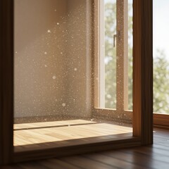 Sunlight streaming through window illuminating dust particles creating a warm and inviting atmosphere inside a cozy room