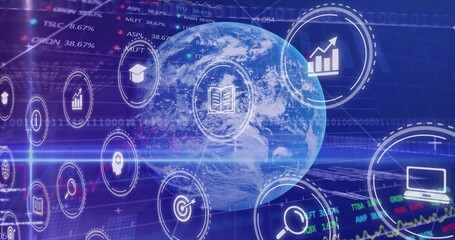 Obraz premium Rotating 3D Earth globe displaying circular UI icons, stock tickers, graphs in virtual dashboard