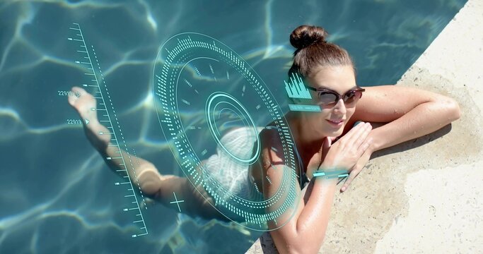 Reclining woman in light swimsuit and sunglasses floating at pool coping, cyan HUD, copy space - Powered by Adobe